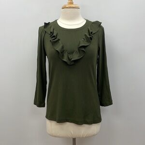 Ann Taylor Stretchy Ribbed Knit Ruffle 3/4 Sleeve Shirt Preppy Green Medium